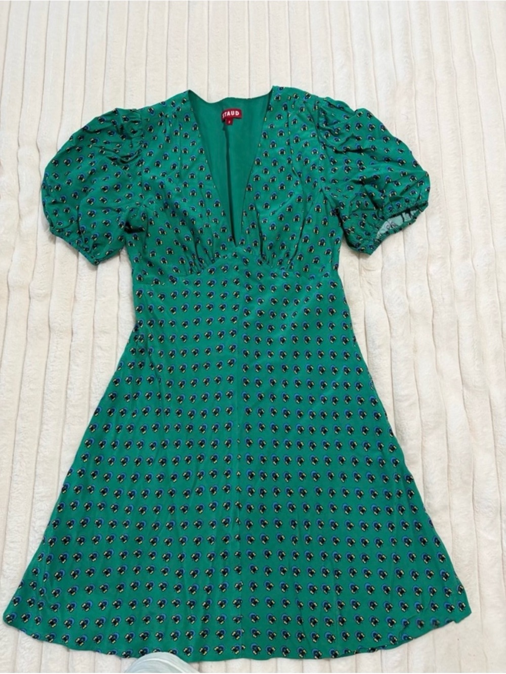 STAUD Emerald Green V-Neck Puff-Sleeve Mini Dress